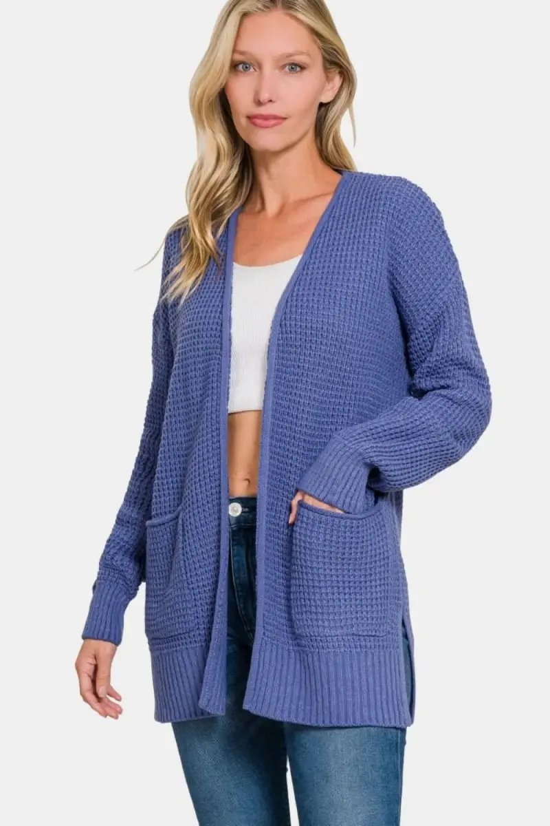 Zenana Waffle Open Front Sweater Cardigan - Love Salve